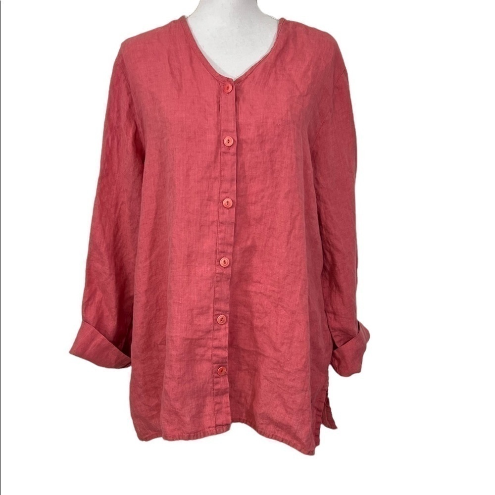 Flax Jacket Top 100% Linen Brick Red Button Up Long Sleeve